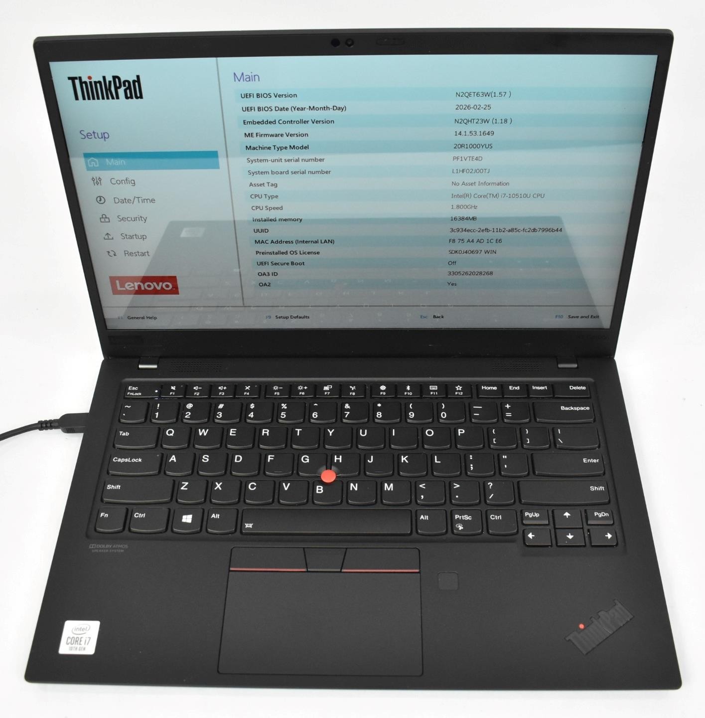 Lenovo ThinkPad X1 Carbon 7th Gen. i7-10510U 1.8GHz 16GB 256GB SSD No OS New Bat