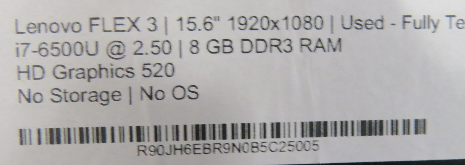 Lenovo Flex 3 | i7-6500U @ 2.50GHz | 8GB DDR3 | 15.6″ | No HDD/OS