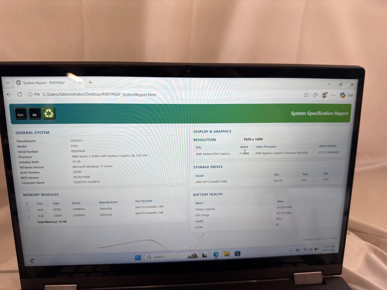 Lenovo IdeaPad Flex 5 14ARE05 Ryzen 5 4500U 16GB 256GB SSD 14″ Screen Crack