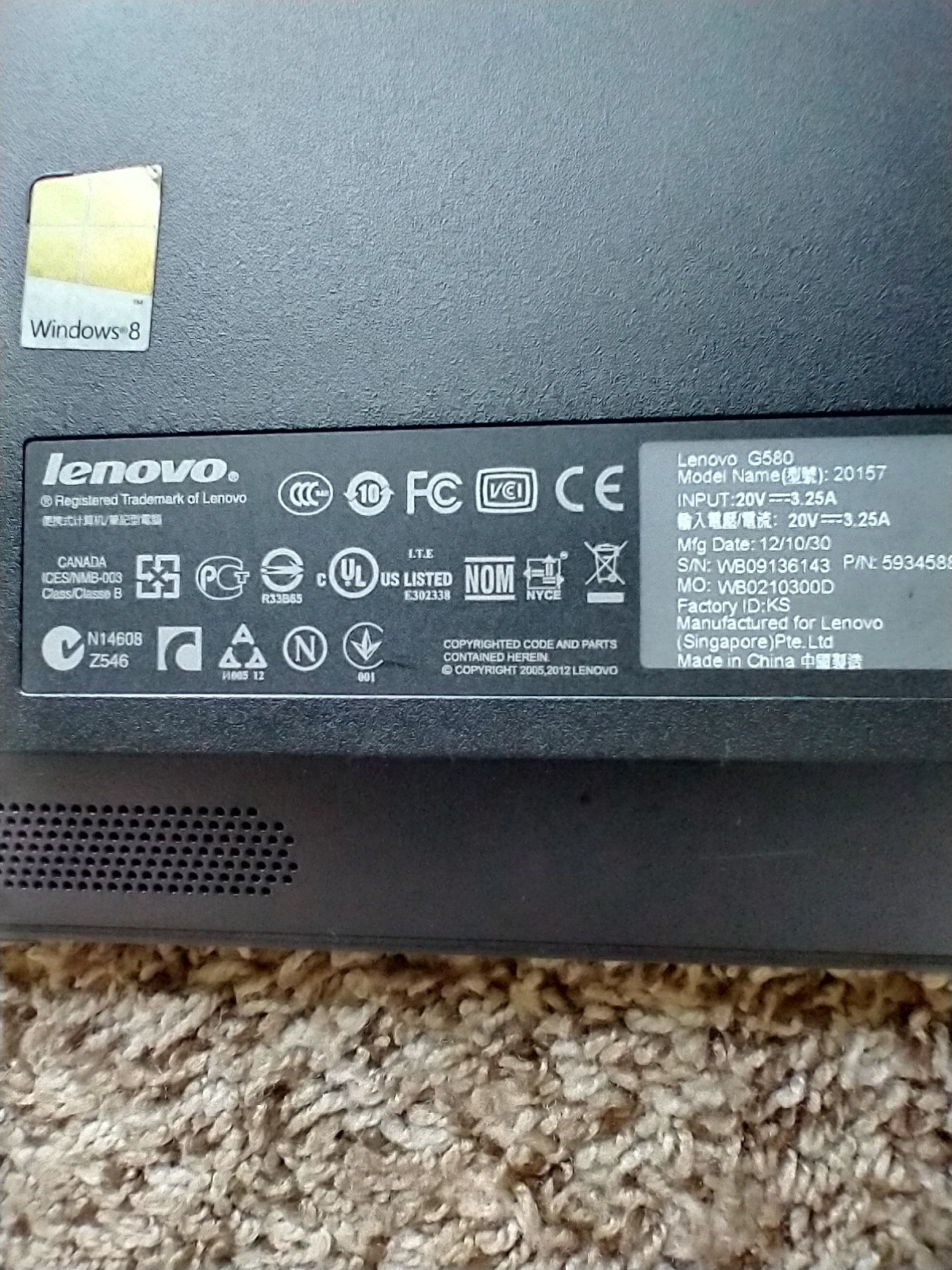 LENOVO G580 INTEL Pentium CPU B980 @ 2.40GHZ / 500GB HDD 4GB DDR Ram