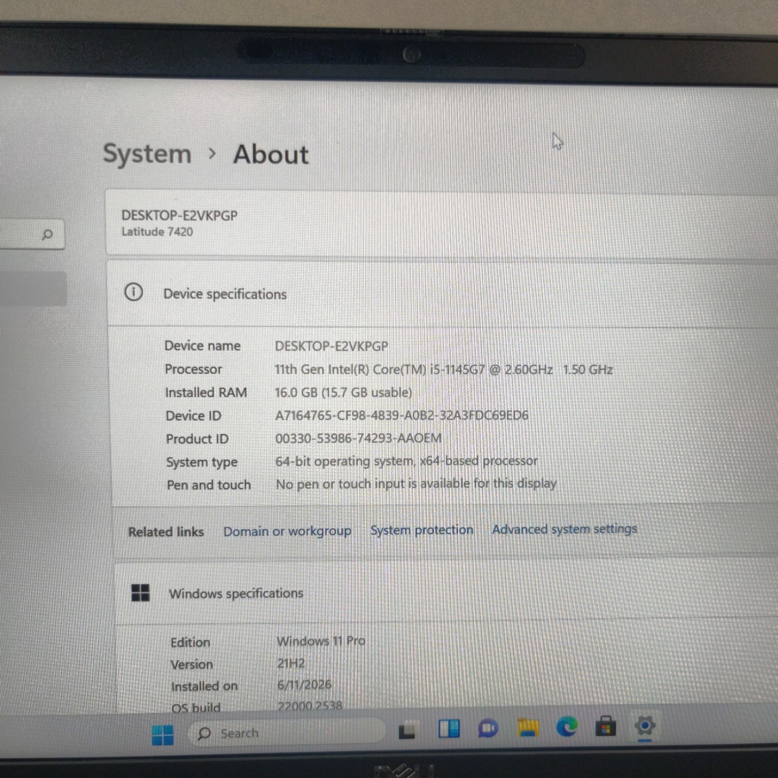 Dell Latitude 7420 Laptop i5-1145G7 2.60GHz 16GB RAM 256GB NVMe SSD W11P NO AC