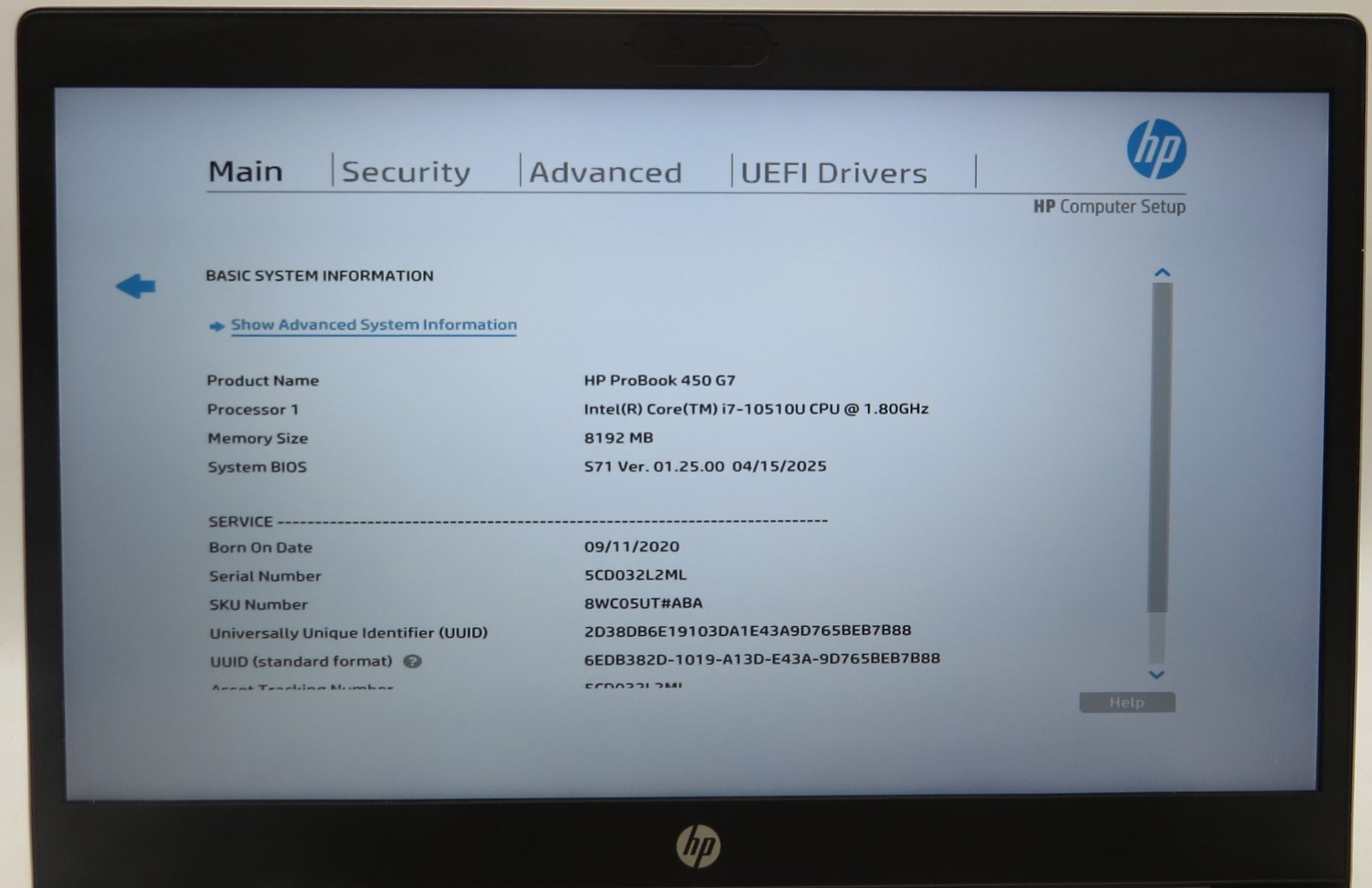 HP ProBook 450 G7 _ i7-10510U @ 1.8 _ 8GB RAM _ 400GB SSD _ W11P