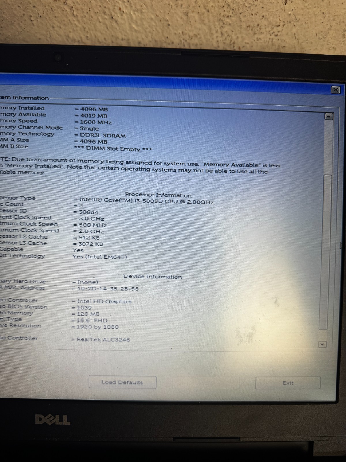 Dell Latitude 3560 Intel Core i3-5005U Laptop for Parts/Repair #6388