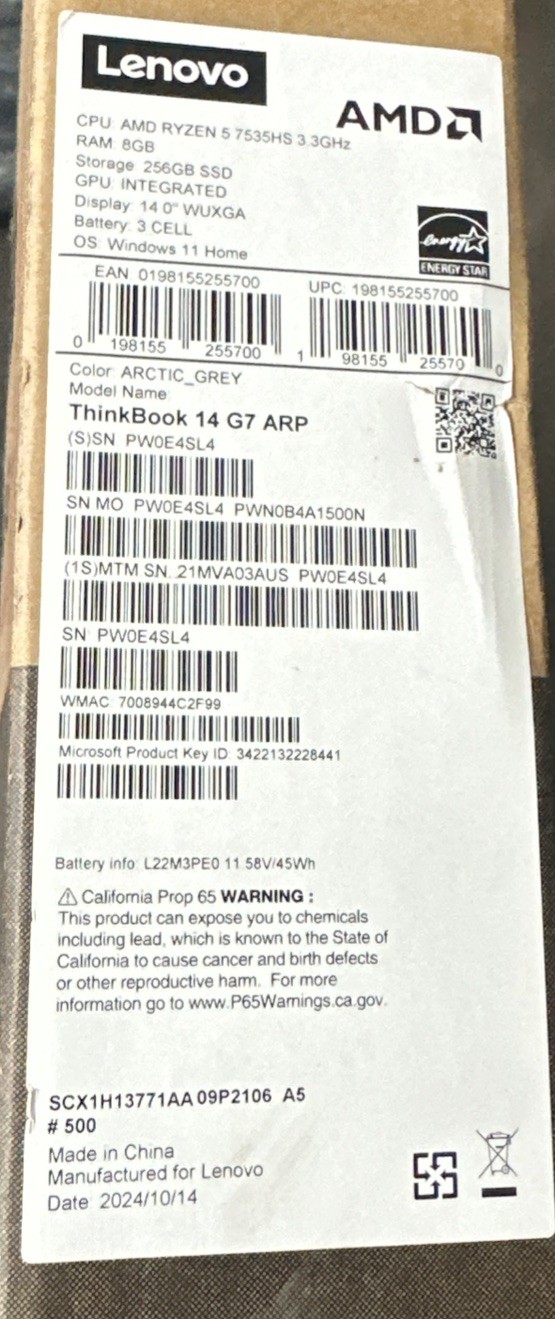 2025 Lenovo ThinkBook 14 G7 ARP 14″ Silver Laptop AMD Ryzen 5 8GB RAM 256GB