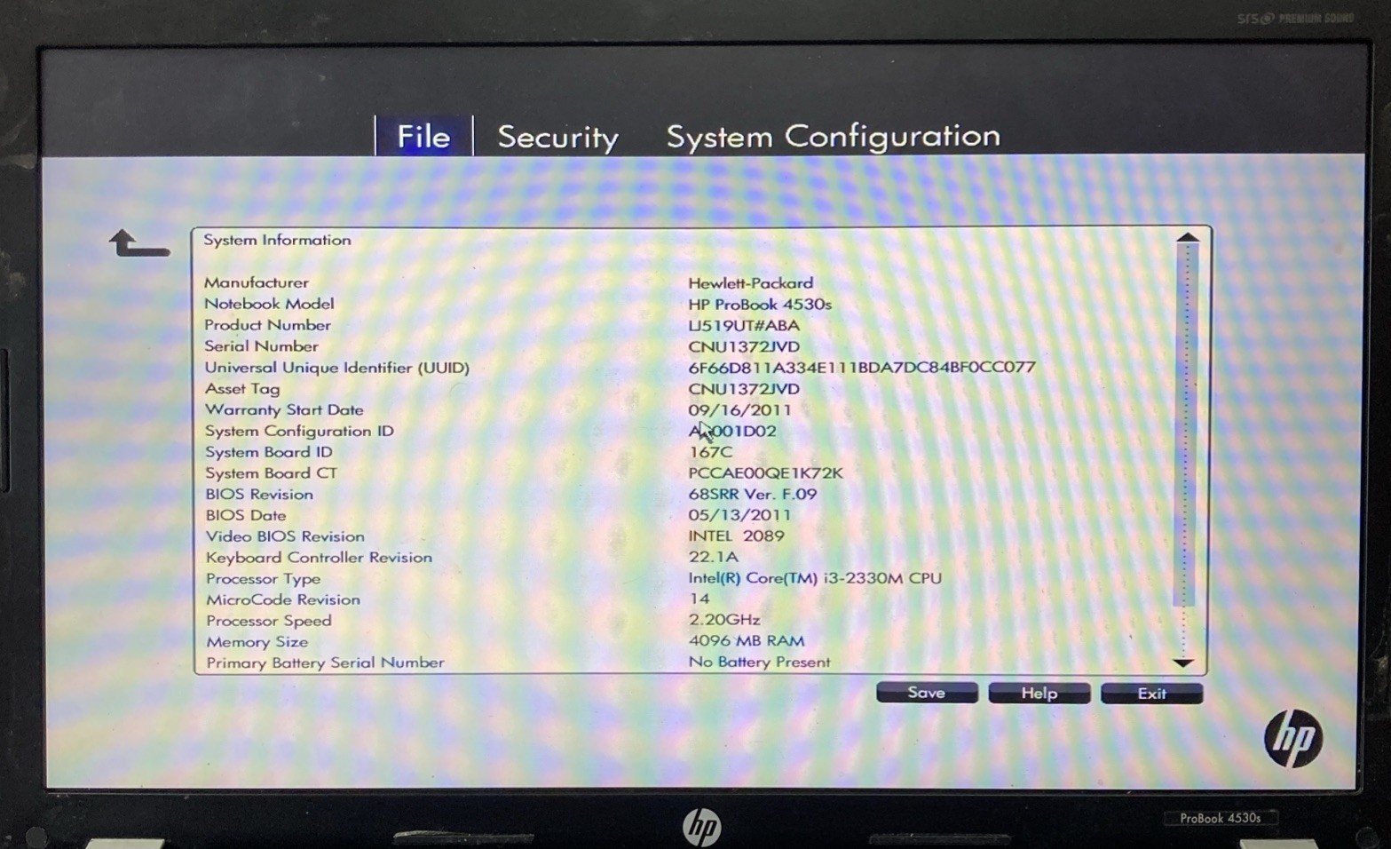 HP ProBook 4530s Intel Core i3-2310M 2.10GHz no RAM NO HDD boot to BIOS
