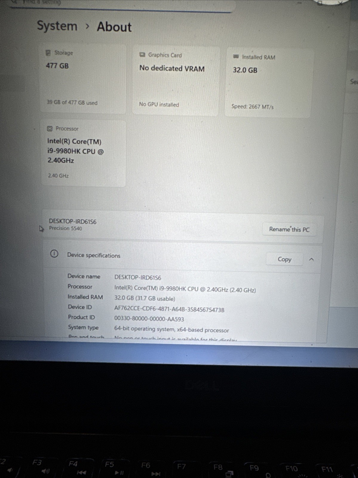 Dell Precision 5540 i9-9980HK 32GB RAM 500GB SSD 15.6” FHD READ!