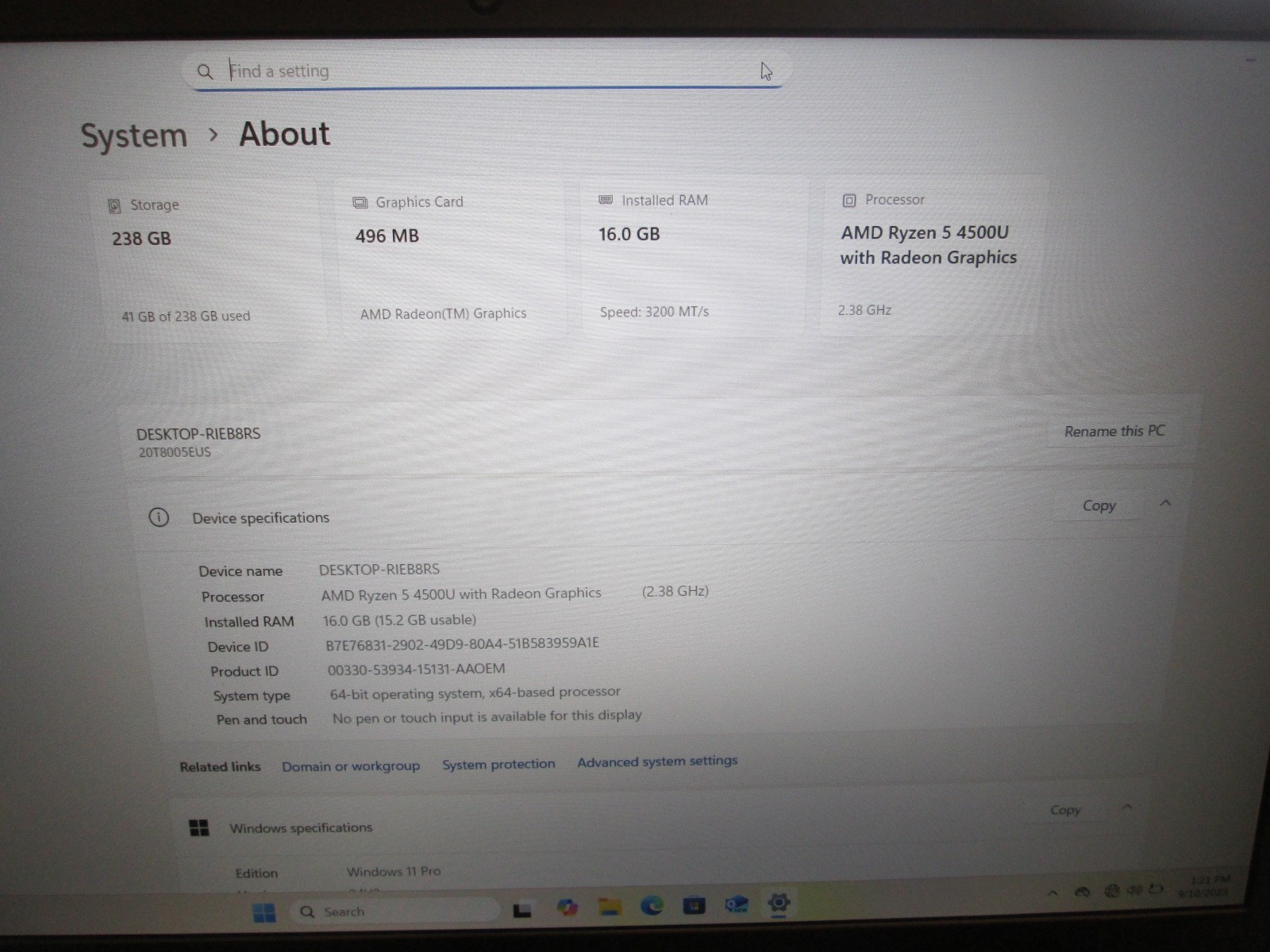 Lenovo ThinkPad E15 Gen 2 Ryzen 5 4500U 16GB RAM 256GB SSD Windows 11