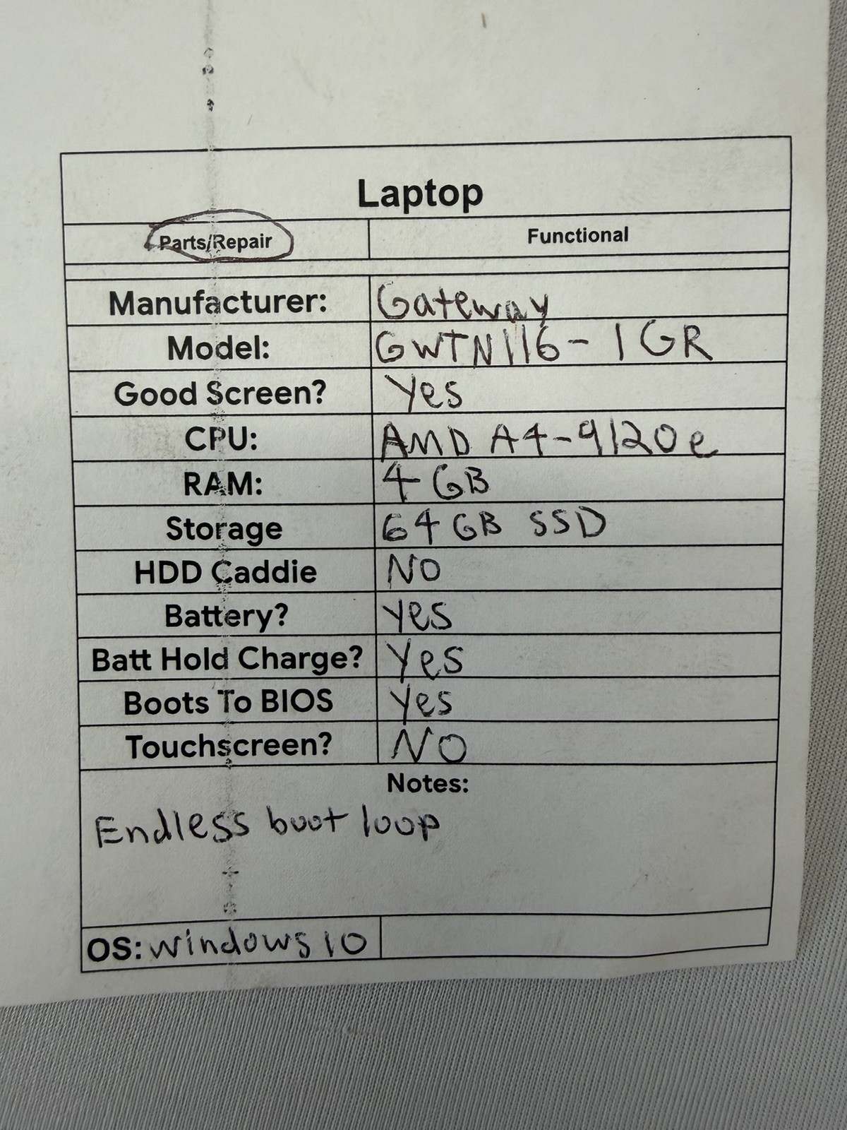 Gateway GWTN116-1GR Laptop – Good Screen – AMD A4-9120e – Read Des