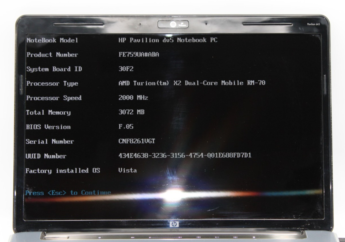 HP Pavilion Dv5 AMD Turion X2-RM-70@2.0GHz 3GB DDR4 NO STORAGE/OS *USED/TESTED*