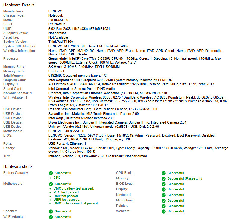Lenovo ThinkPad T480s, i5-8350U CPU, @ 1.70GHz, 8GB RAM-No HDD/OS/Charger