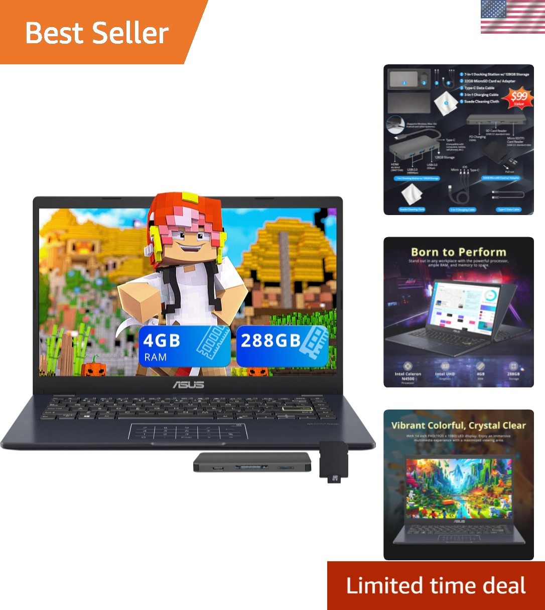 Versatile 14″ FHD Laptop with Intel Celeron, 4GB RAM, & Docking Station Set