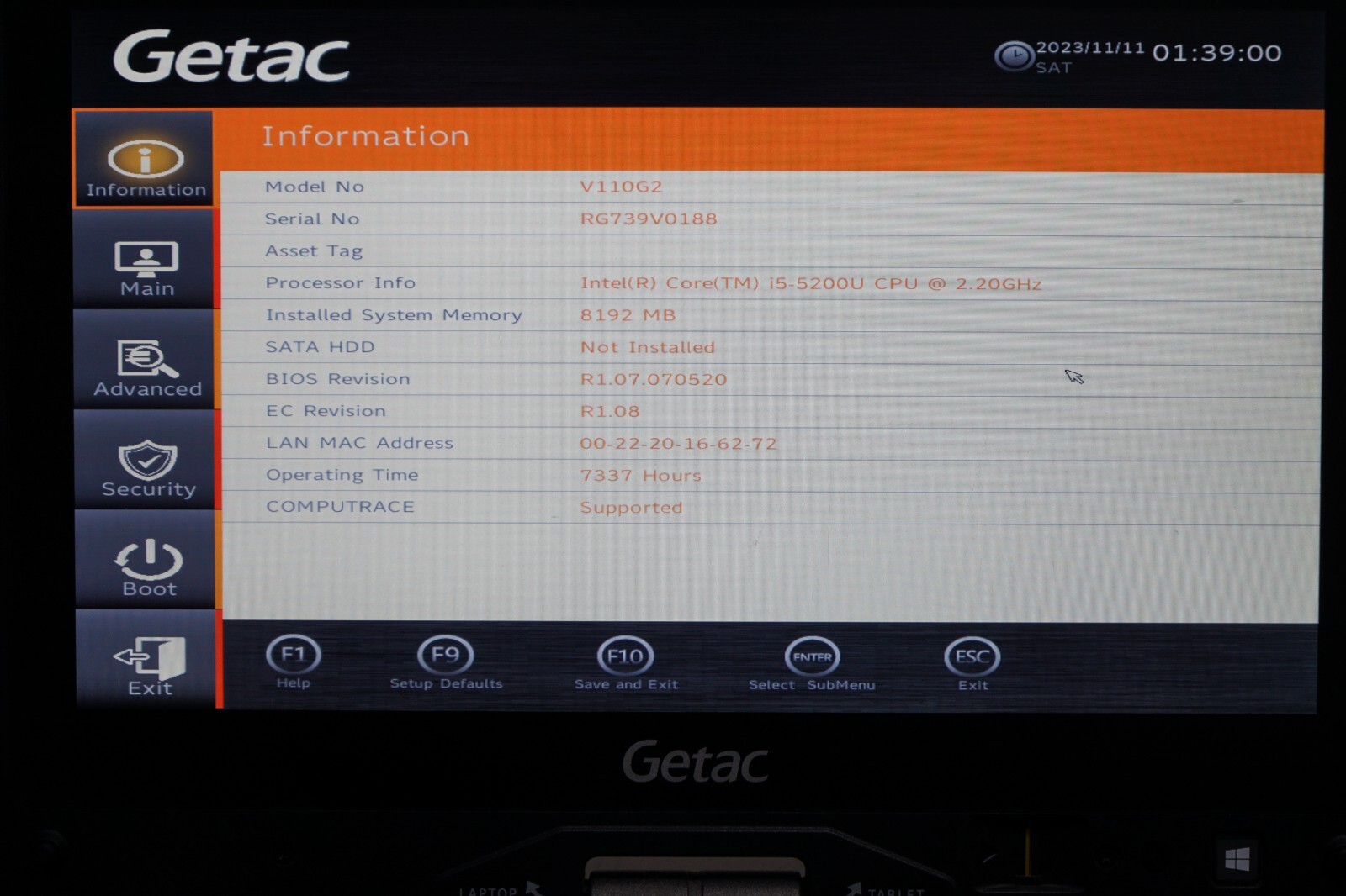 Getac V110 G2 Rugged ToughBook i5-5200U 2.20 GHz 8GB Ram No HD #W3896