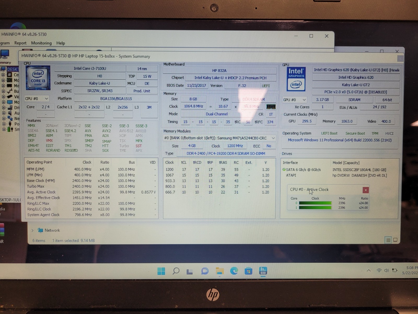 Hp laptop 15- bs0xx 15.6″ i3-7100u 2.4ghz 8gb ram 180gb ssd charger CND7201Q3X