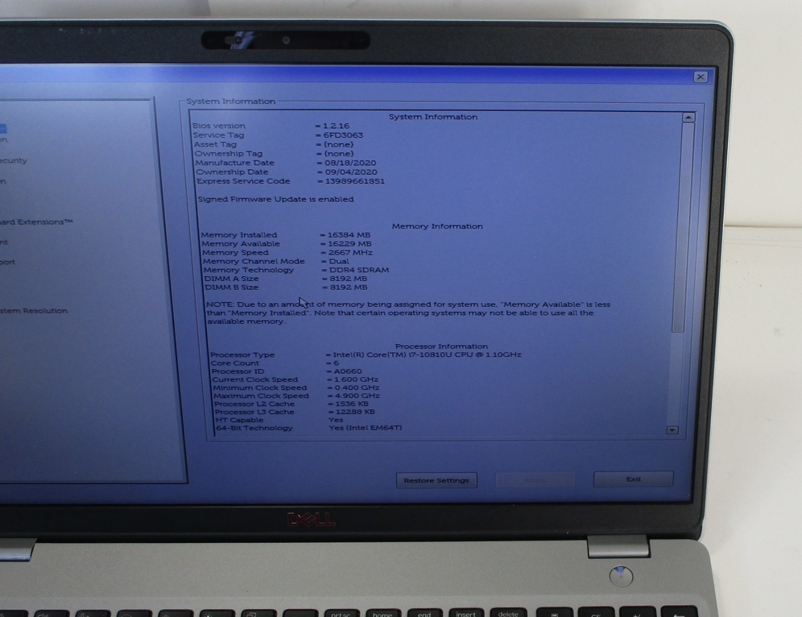Dell Latitude 5510 Intel i7-10810U CPU, 16GB Ram, No SSD/Power Supply