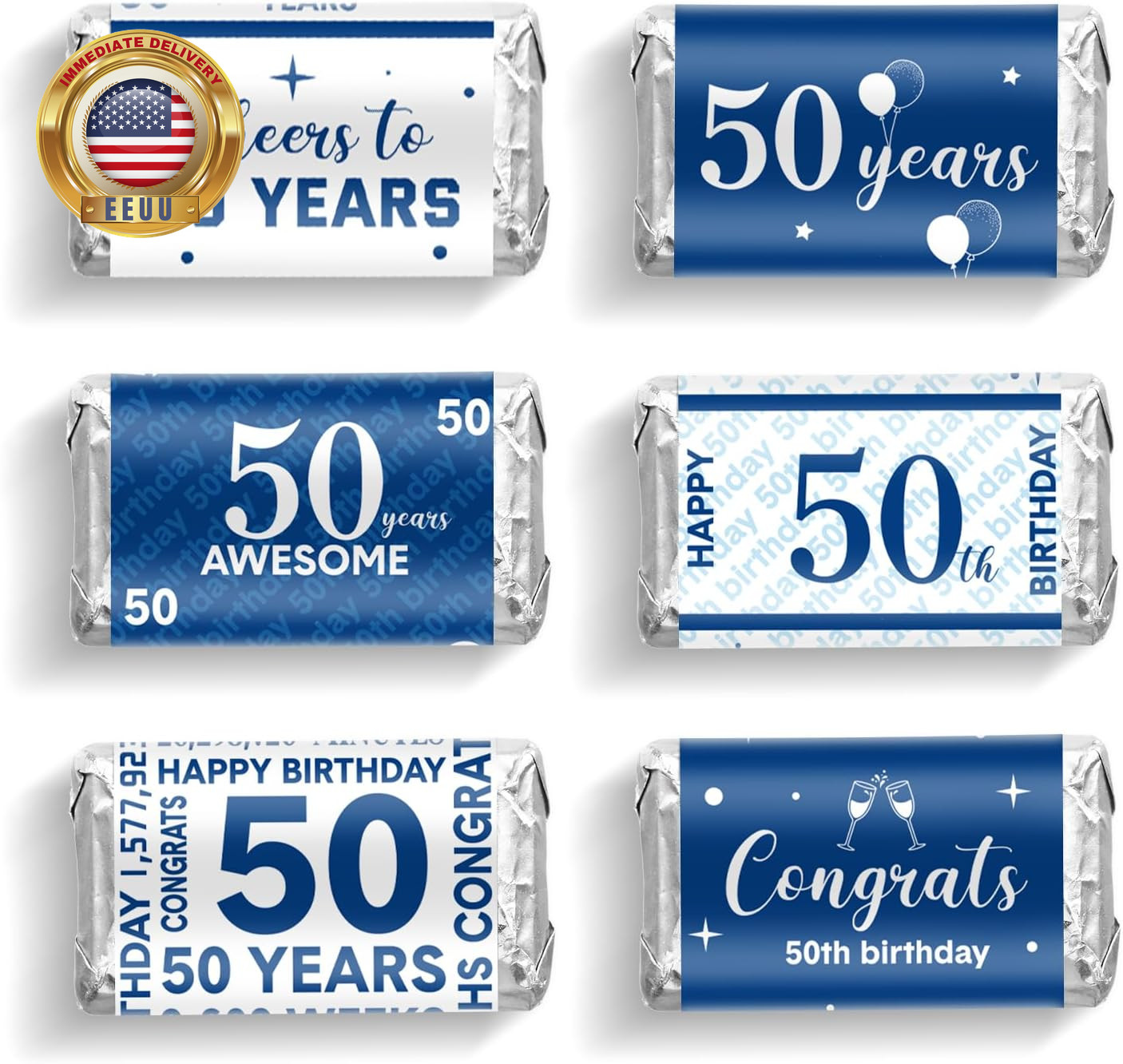90 Pcs 50Th Birthday Party Candy Wrappers Blue and Silver Stickers, Mini Chocola