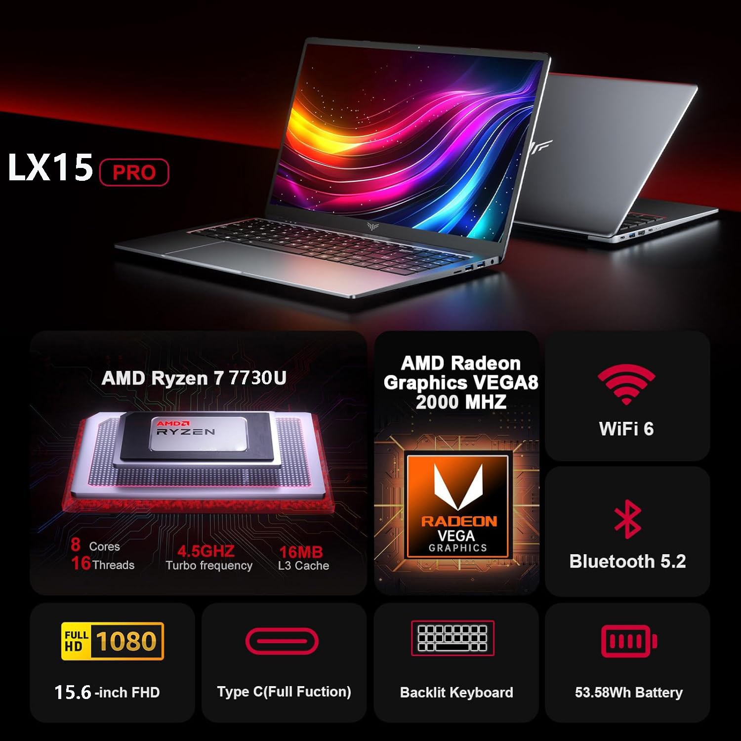 ACEMAGIC 15.6″ Display Laptop AMD Ryzen 7 5700U 16GB RAM 512GB SSD Notbook WIFI6