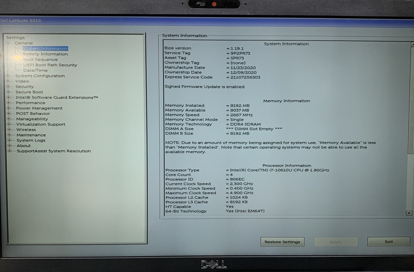 Dell Latitude 5510 Intel Core i7-10610U@1.8GHz, 8GB RAM, No SSD, No OS