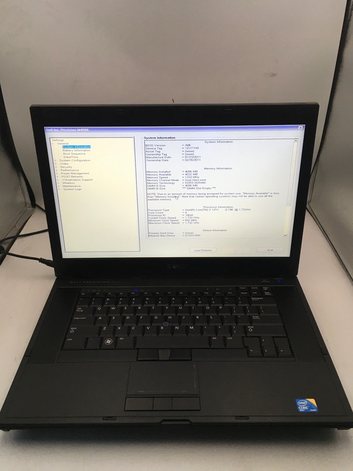 DELL PRECISION M4500 – BOOTS TO BIOS – INTEL I7 Q740 – NO RAM – NO OS – READ -BB