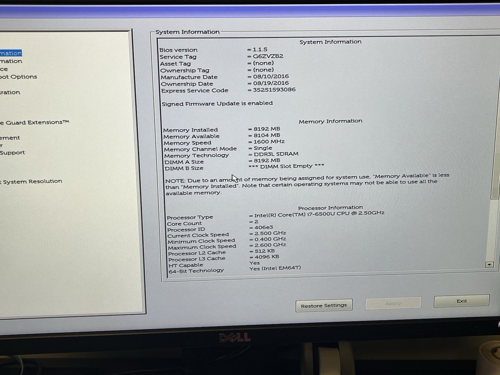Dell Latitude 3570 Intel Core i7-6500U 2.50Ghz 8GB Ram 500GB HDD NO OS
