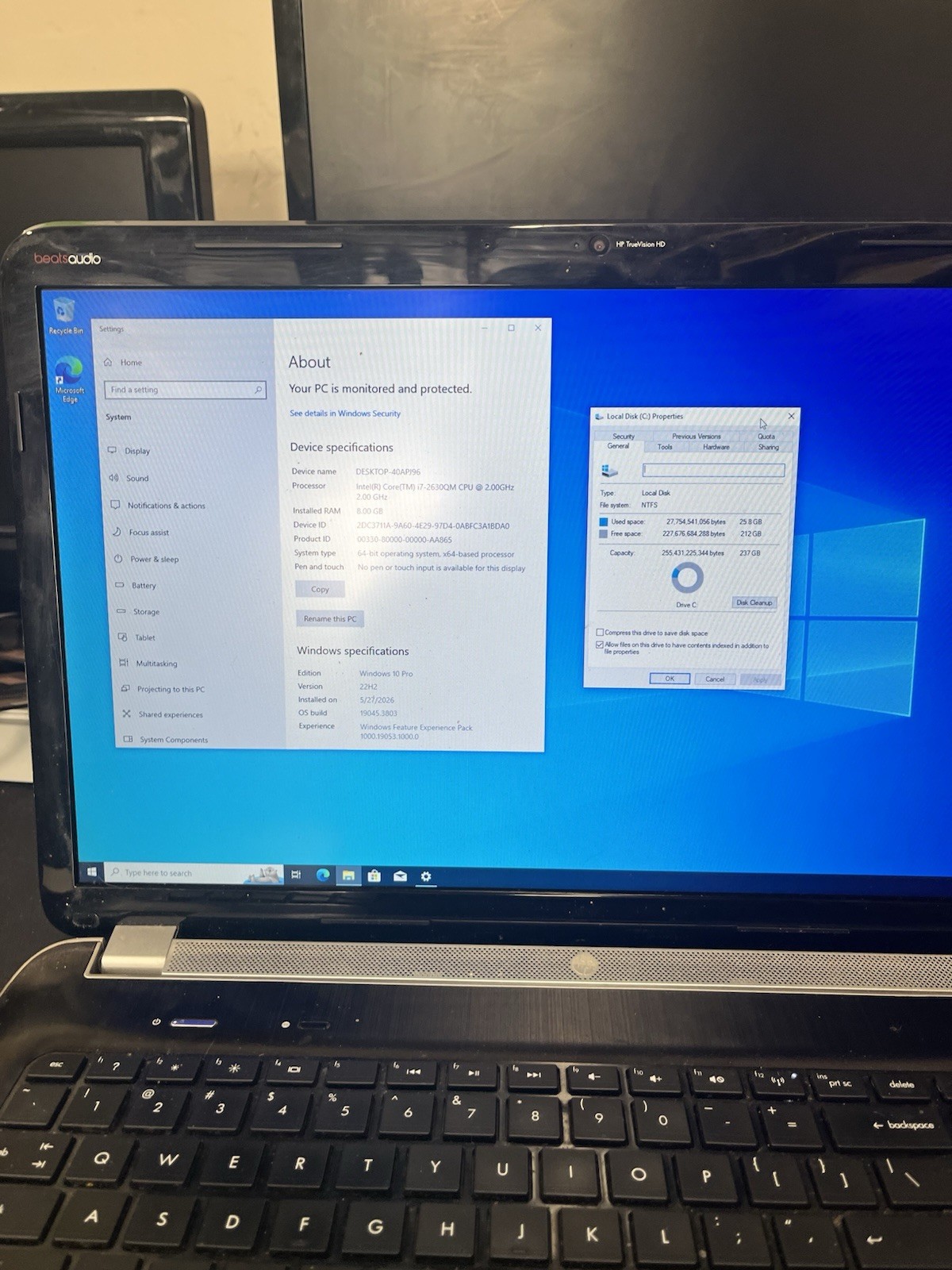 HP Pavilion DV7 Intel i7-2630QM 2GHz 8 GB 256GB W10P No Batt