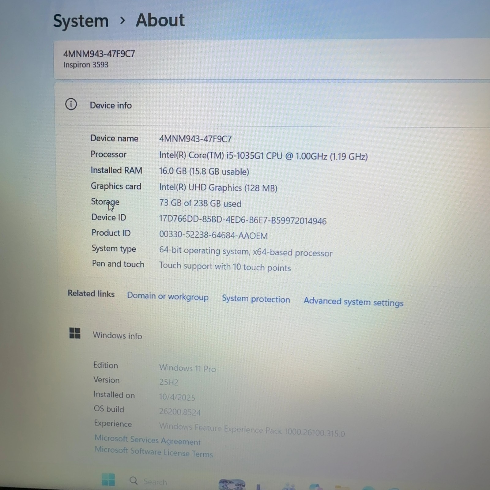 Dell Inspiron 3593 15.6″ i5-1035G1 16GB RAM 256GB NVMe SSD Win 11 Pro