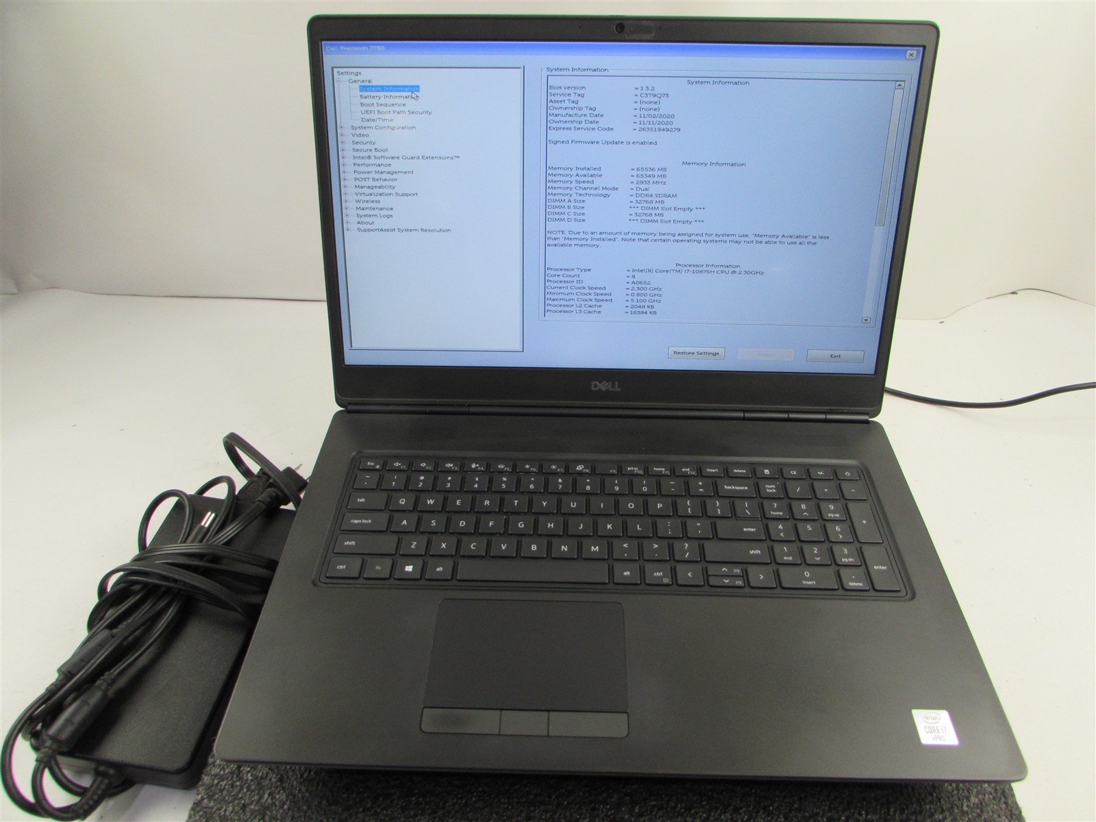 DELL PRECISION 7750 FHD I7-10875H 512GB 64GB RAM RTX 4000 WIN 11 PRO NO BATT