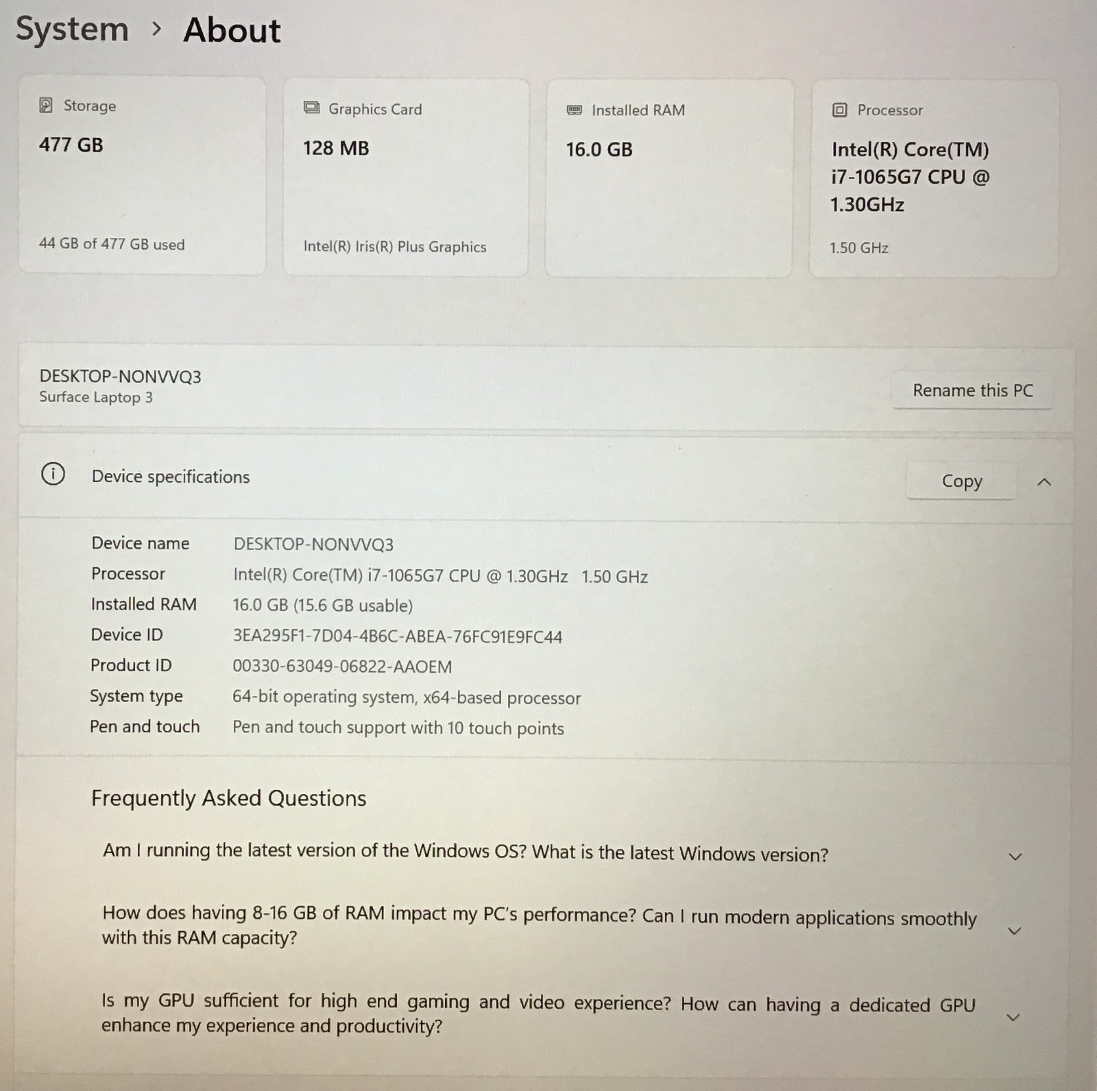 Microsoft Surface 1868 Laptop 13.5″ Gen 3 i7-1065G7 16GB 512GB SSD “READ”