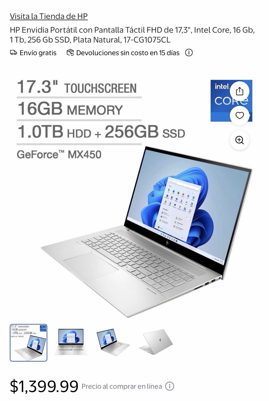 HP ENVY 17.3″ Touchscreen Laptop Intel Core 16GB 1TB HDD 256GB SSD MX450 Silver
