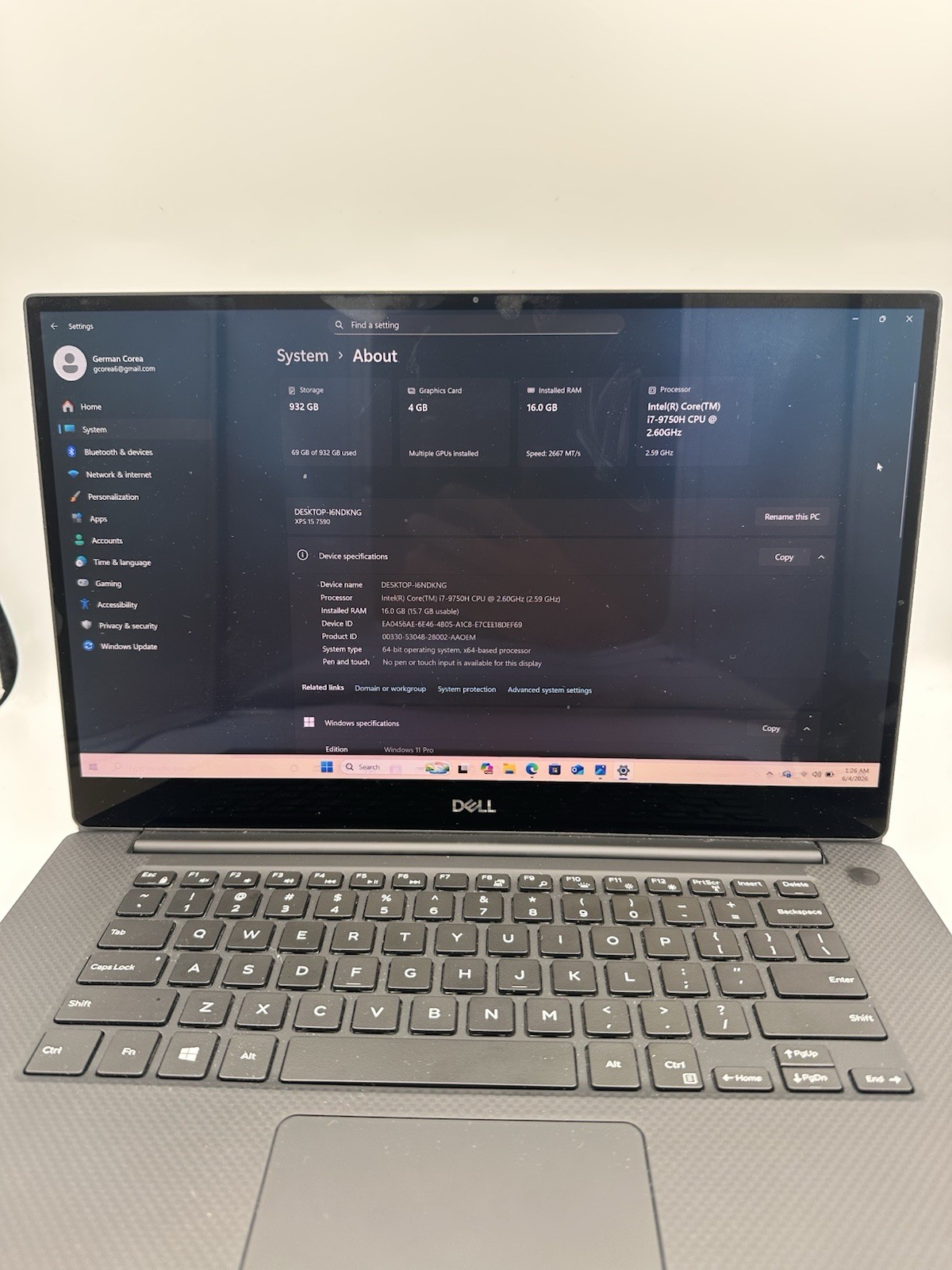 DELL XPS 15 7590 i7-9750H 16GB 1TB NVME GTX 1650 *READ DESCRIPTION*