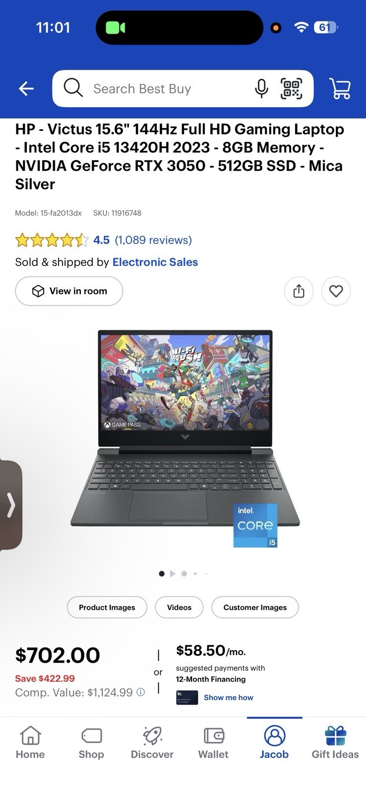HP Victus 15-fa2013dx 15.6″ IPS i5-13420H 8GB 512GB SSD RTX 3050 W11