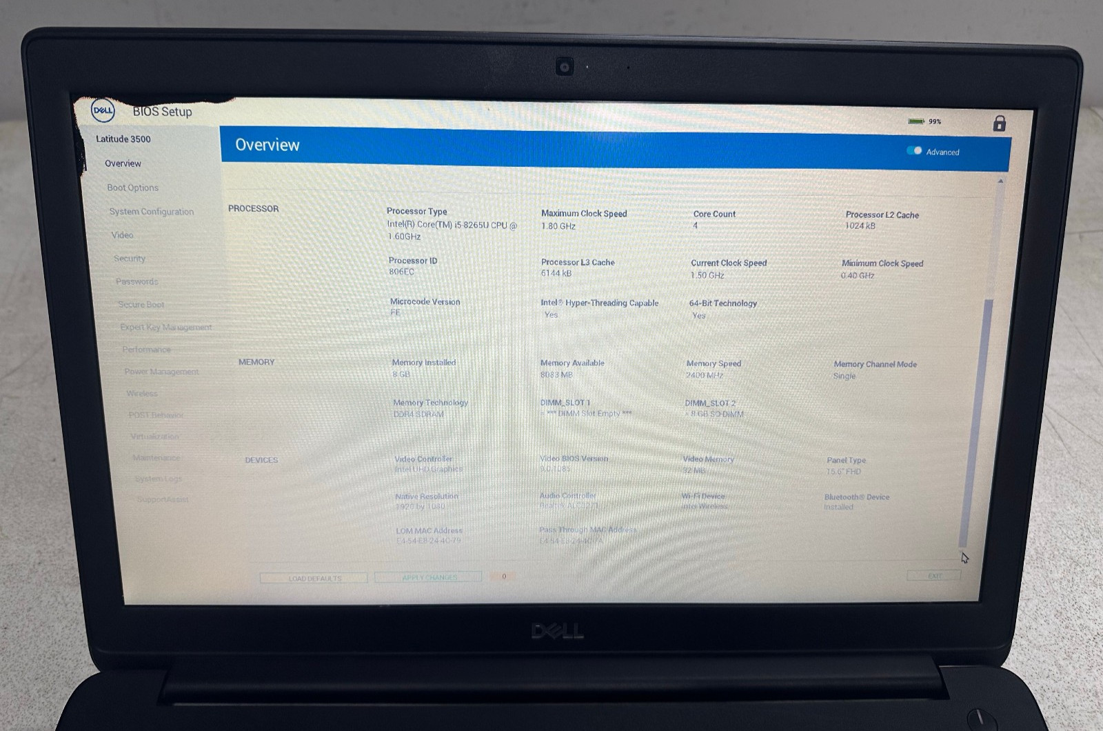 Dell Latitude 3500 15.6 FHD (i5-8265U @1.60, 8GB RAM, Bios Locked) NO HD/ADAPTER