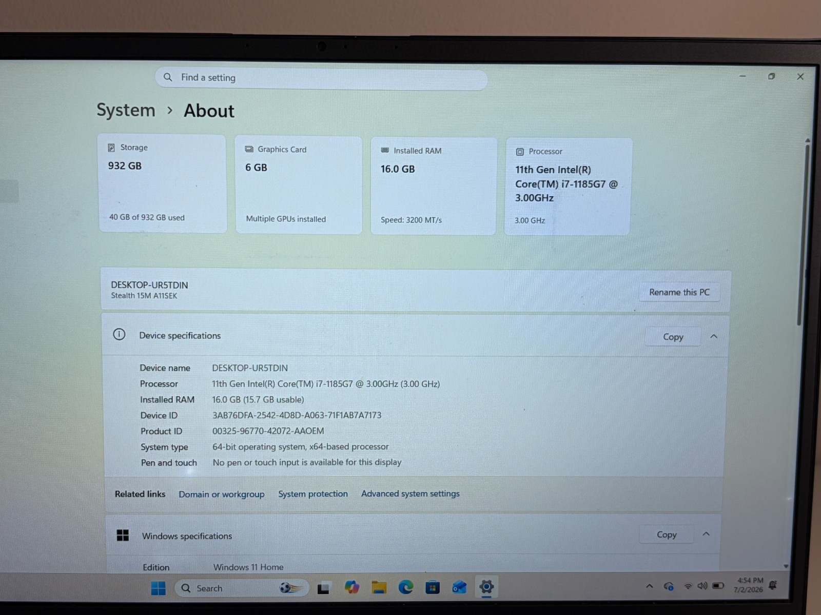 MSI Stealth 15M A11SEK 15.6″ i7-1185G7 16GB RAM 1TB RTX 2060 GAMING LAPTOP FAIR