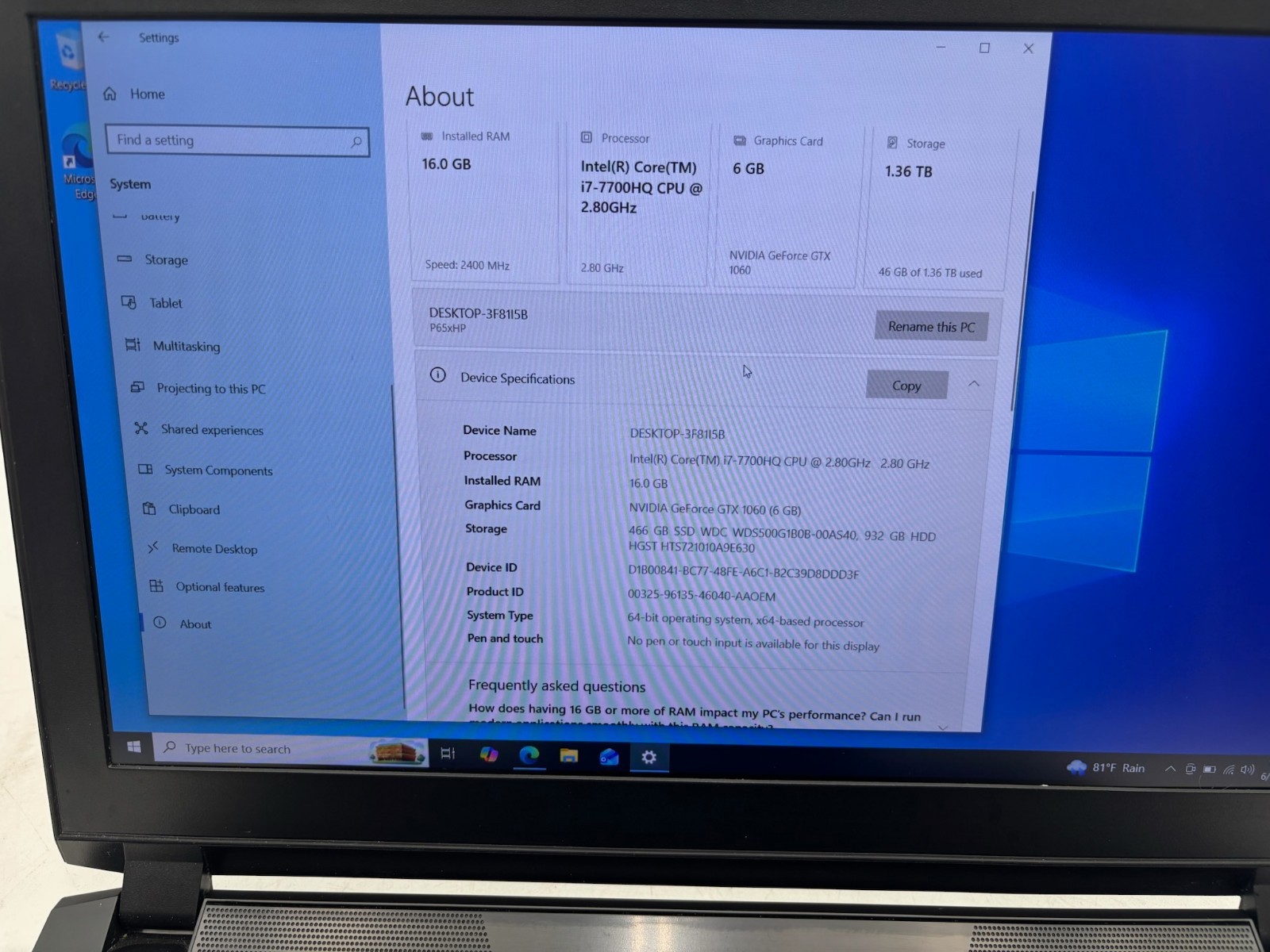 Sager Gaming P650HP 15.6″ 512 GB SSD + 1 TB HDD 16 GB RAM i7-7700HQ GTX 1060