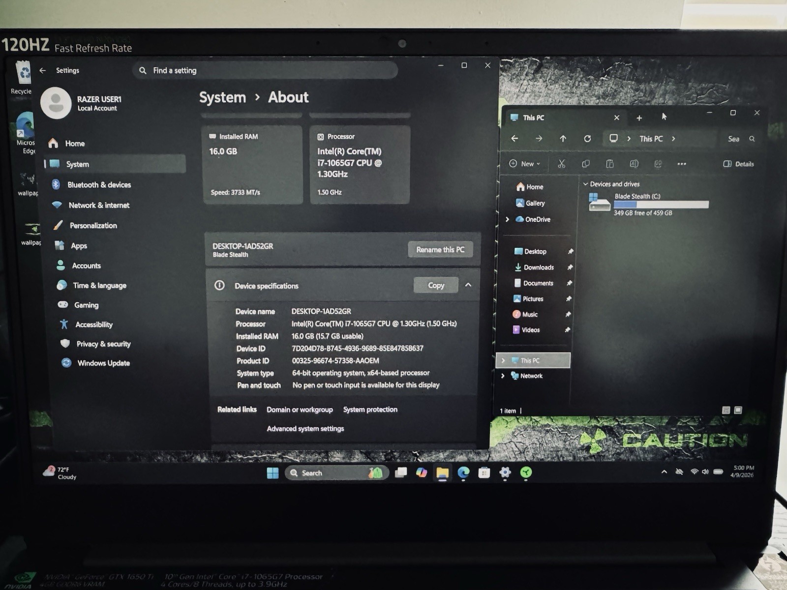 RAZER BLADE 13 GAMING LAPTOP i7 10th GEN.GTX 1650Ti/16GB RAM,500GB SSD+OG BOX.