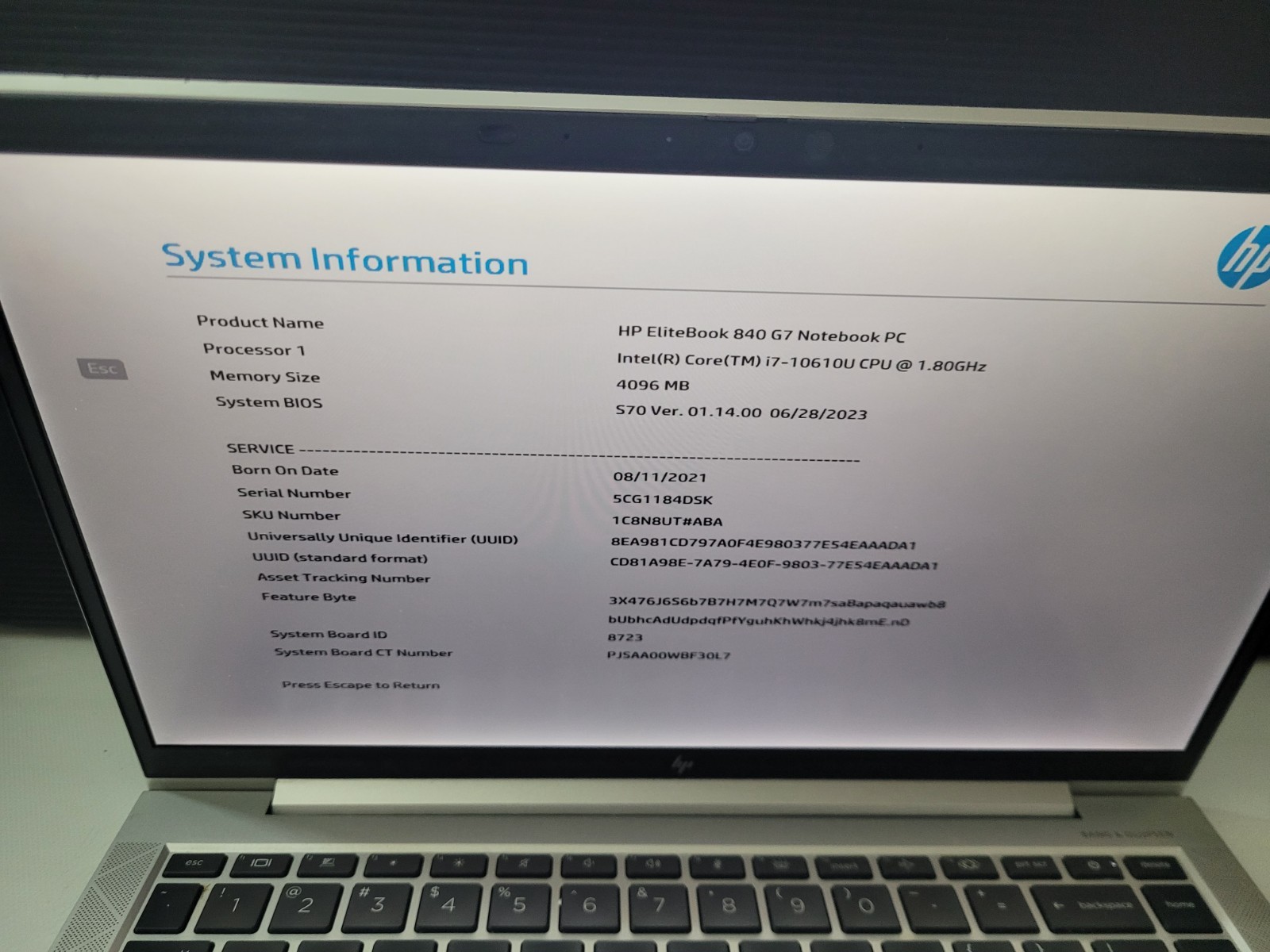 hp EliteBook 840 G7 Intel Core i7-10610U 1.80Ghz 4GB Ram No SSD 14″ Laptop