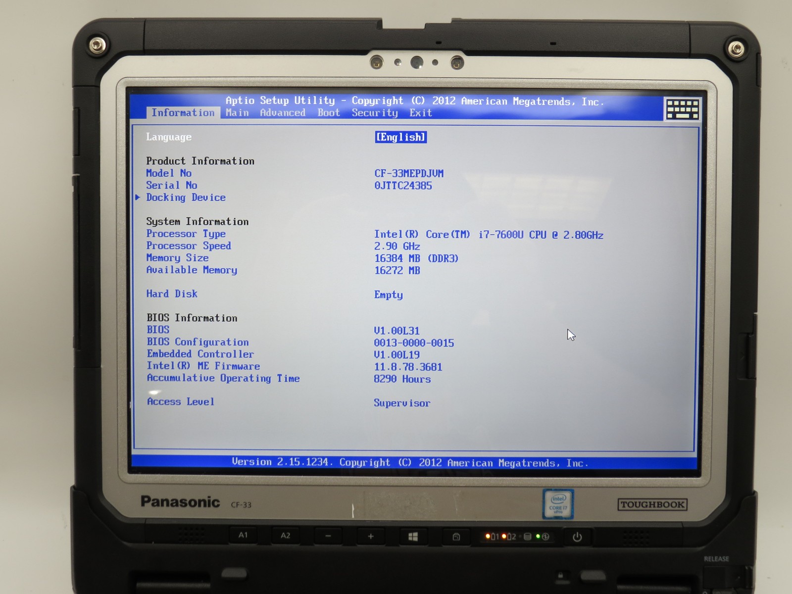 Panasonic Toughbook CF-33 MK1 i7-7600U @ 2.8GHz 16GB DDR3 256GB m2 12″ No OS/AC