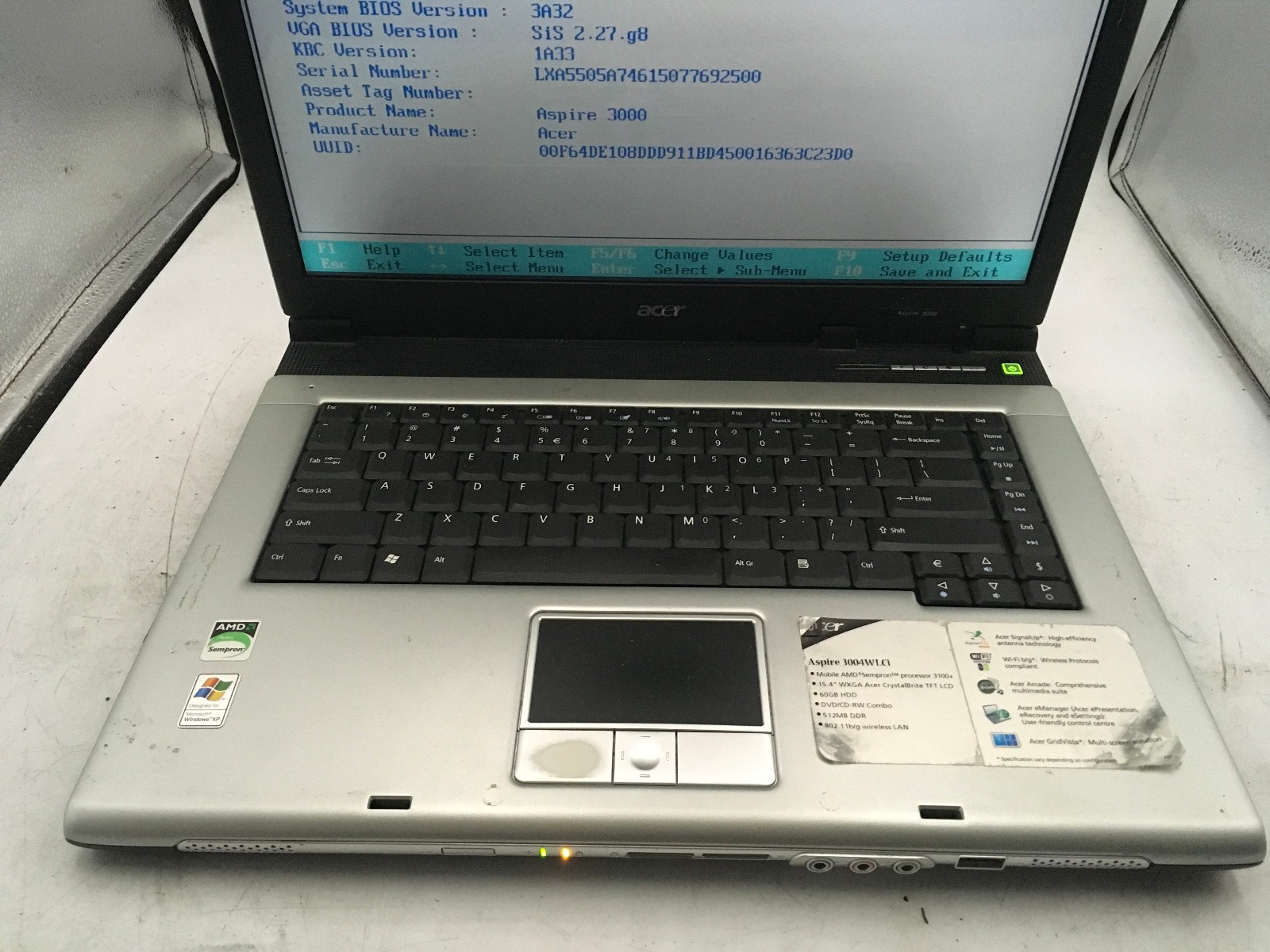 ACER ASPIRE 3000 ZL5 – BOOTS TO BIOS – AMD SEMPRON 3100 – 1GB RAM – READ DESC-BB