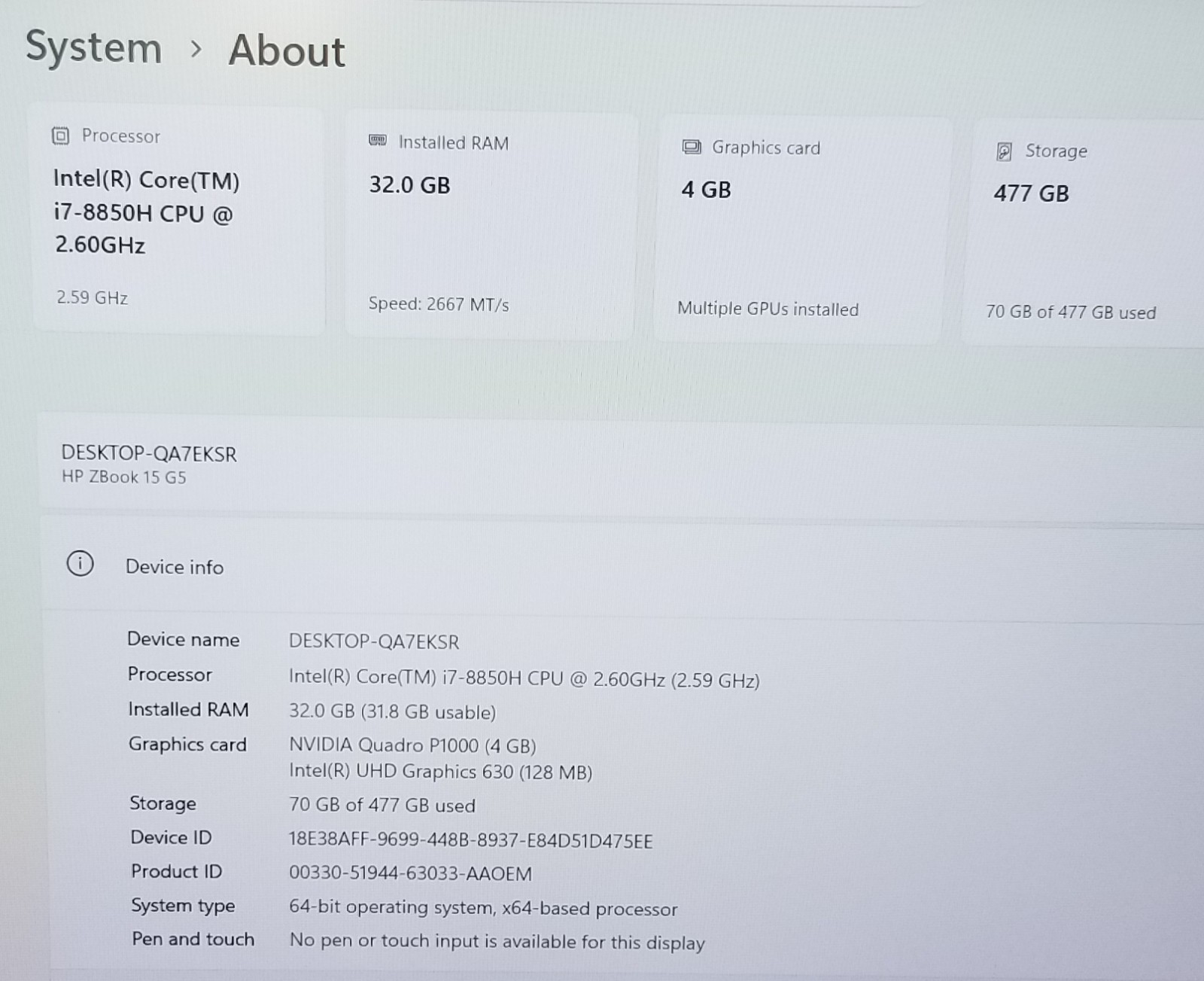 HP ZBook 15 G5 15″ Laptop i7-8850H 2.6GHz 32GB RAM 512GB NVMe QUADRO P1000 W11P