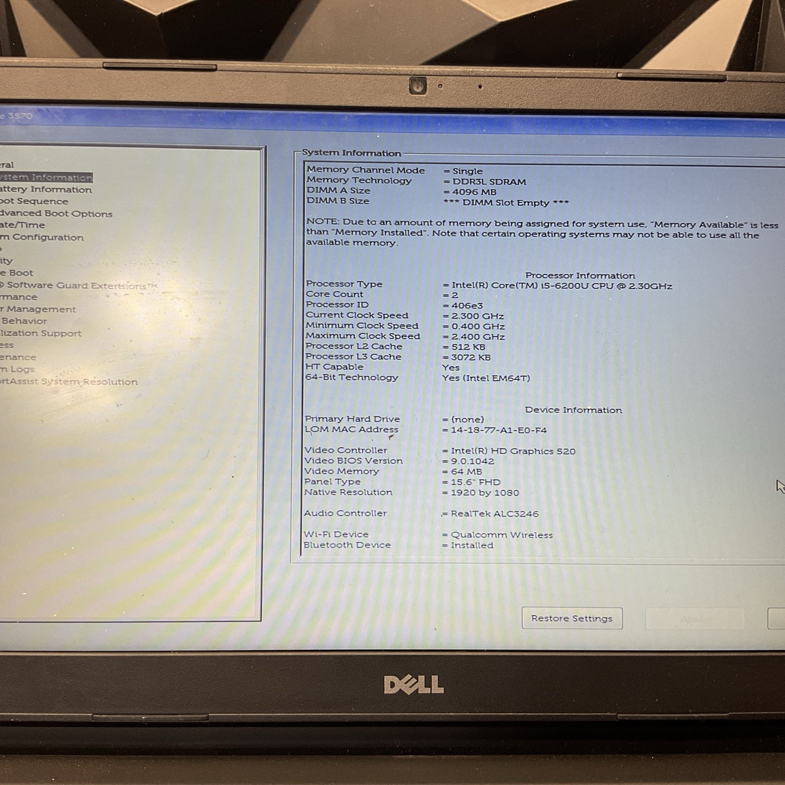 Dell Latitude 3570 / i5 6th Gen / BIOS Unlocked / No RAM / No SSD / M15