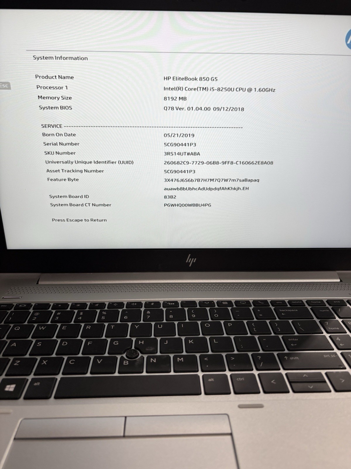 HP EliteBook 850 G5 Intel Core i5 8250U 4 Cores 8 GB NO DRIVE