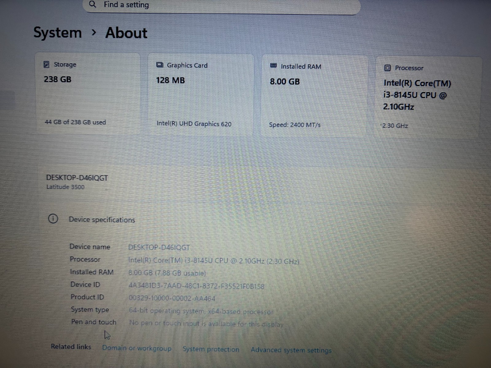 Dell Latitude 3500, i3-8145U Gen8 | 256GB SSD | 8GB Ram