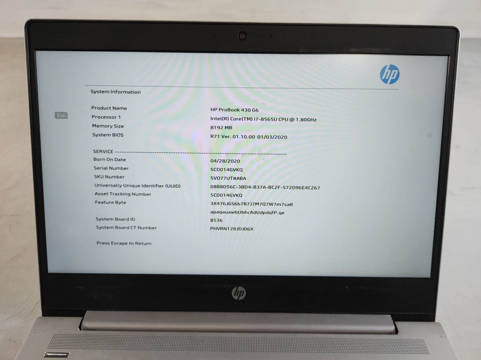 HP ProBook 430 G6 Core i7-8565U 1.80 GHz 8 GB DDR4 No HDD