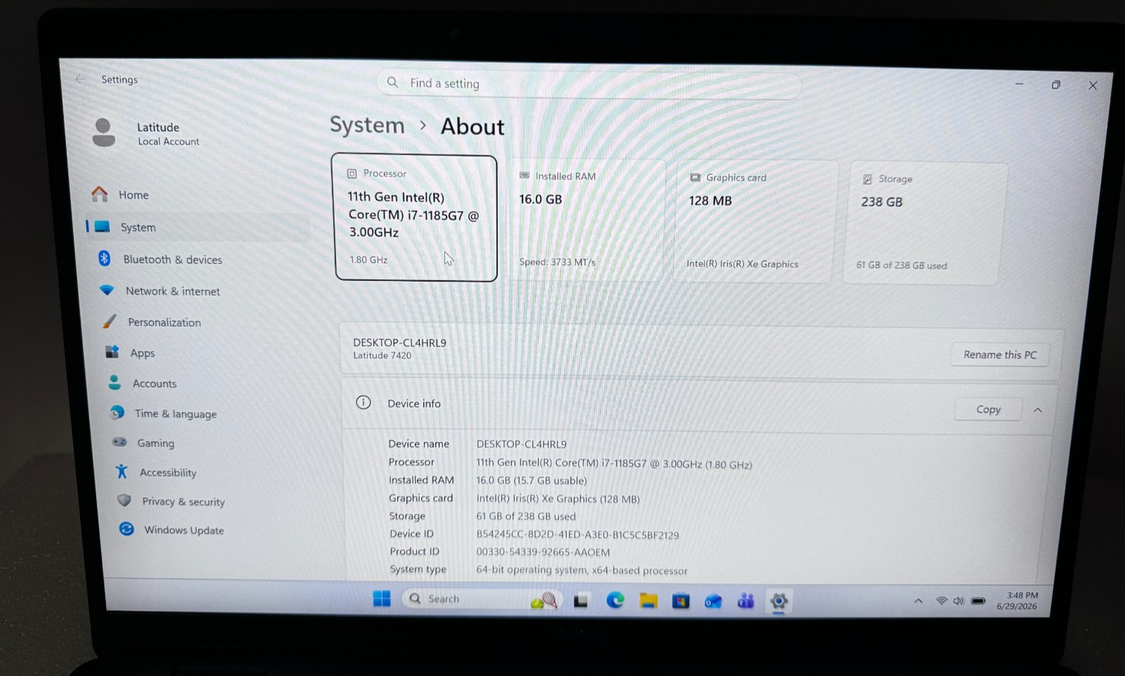 Dell Latitude 7420 14″ Laptop 11th Gen i7-1185G7 3.0GHz 16GB 256GB Windows 11
