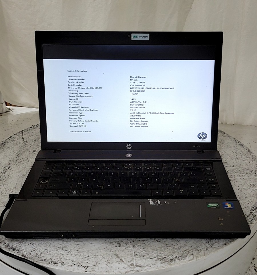 HP 625 XT961UT#ABA Laptop AMD ATHLON II P340 DUAL-CORE 4GB 320GB SEE NOTES