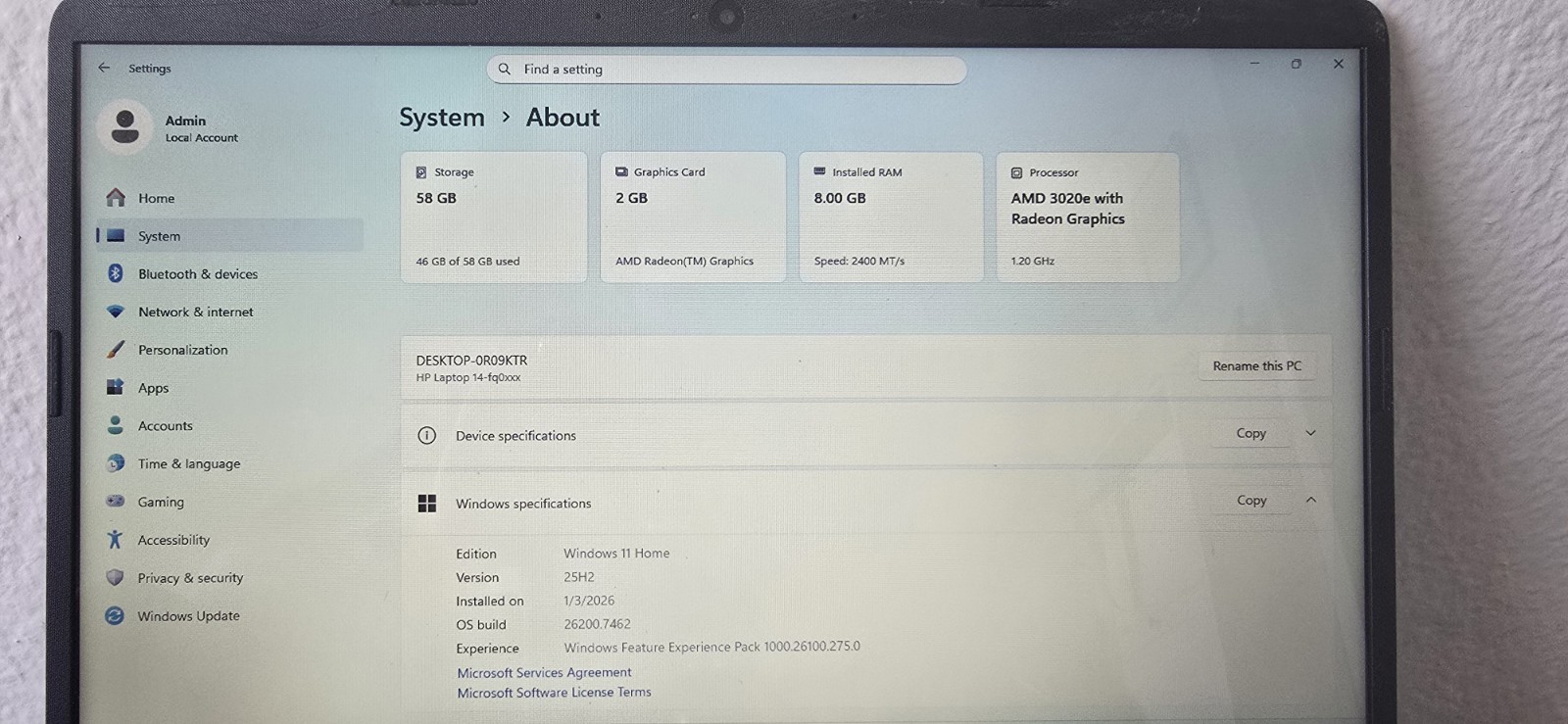 HP laptop 14 fq0xxx AMD 3020e Radeon Touch screen 8gb ram 64 rom