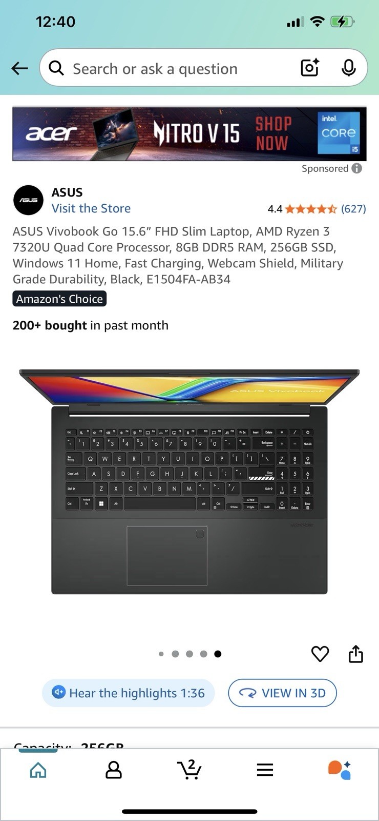ASUS Vivobook Go 15.6” FHD Slim Laptop, AMD Ryzen 3 7320U