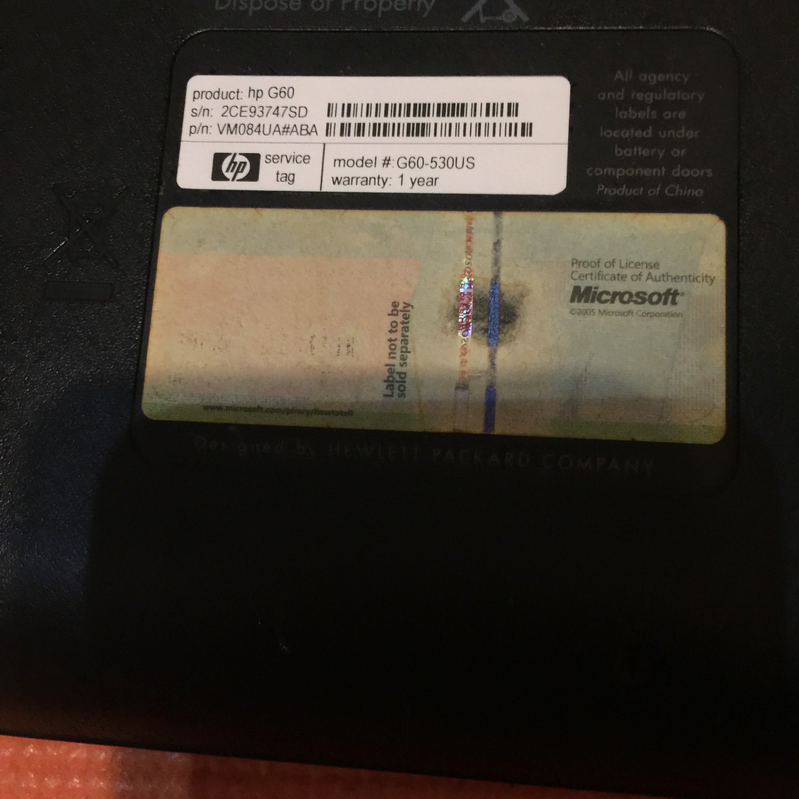 HP PAVILLION G60-530US 17″/300GB/4GB RAM/WIND 10/EXTENDED BATTERY GOOD