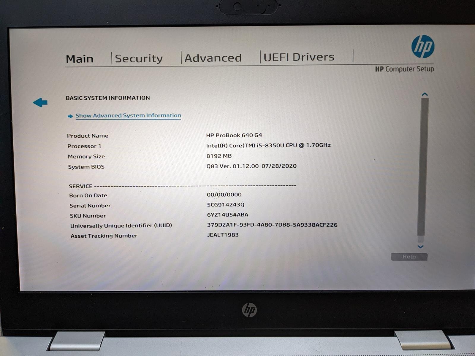 HP PROBOOK 640 G4 i5-8350U @ 1.70GHz, 8GB RAM, NO HDD/OS