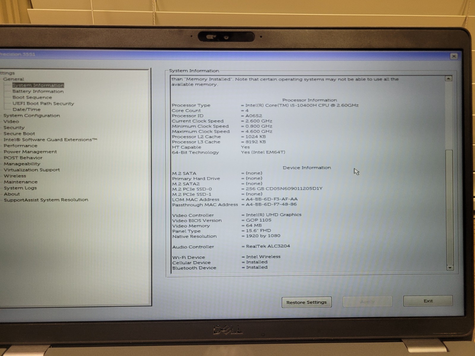 Dell Precision 3551 Laptop i5-10400H 10th Gen 16GB RAM 256GB SSD Win 11 Pro