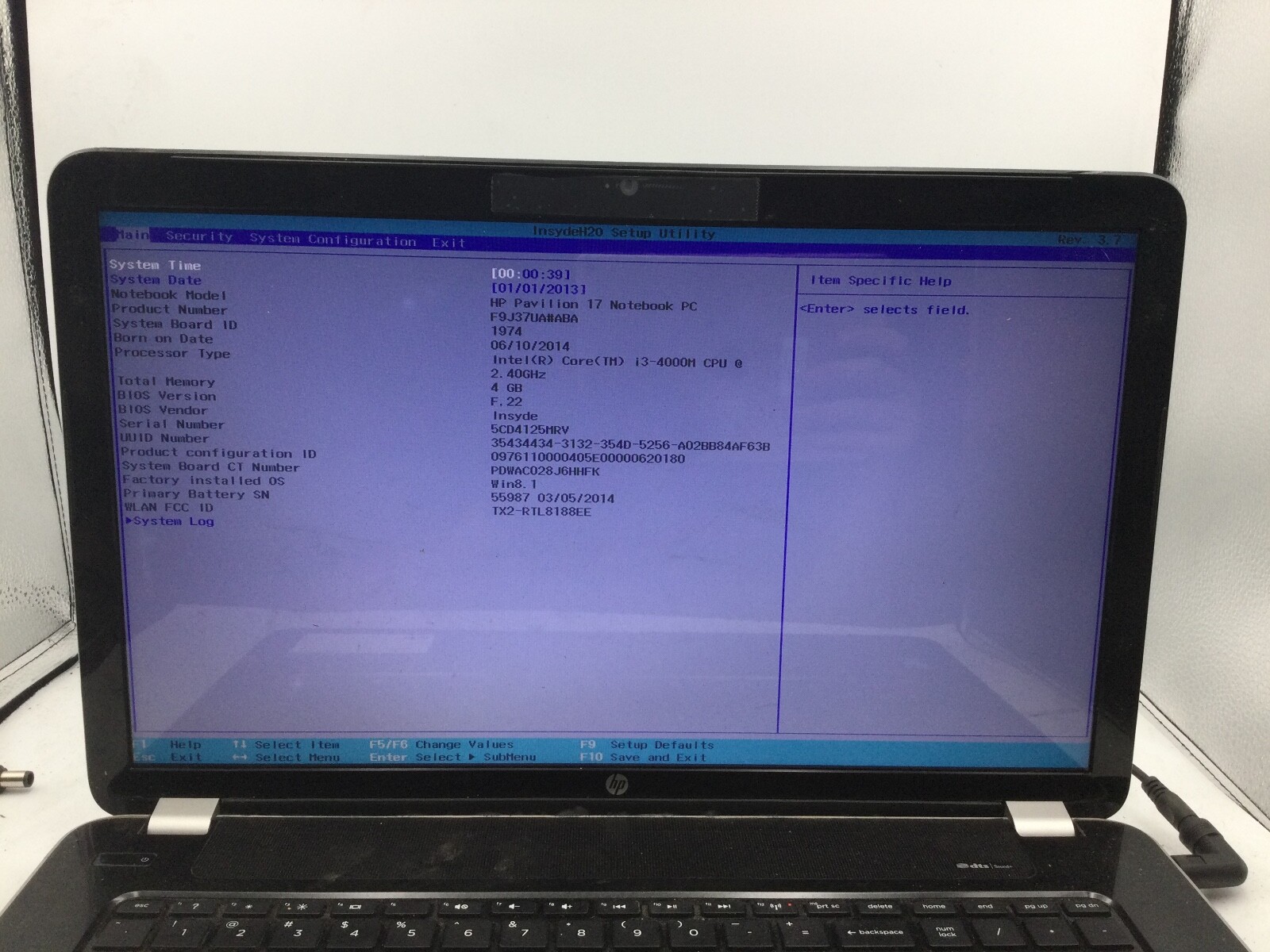 HP PAVILION 17 – BOOTS TO BIOS – INTEL I3 4000 – 4GB RAM – 17″ – READ DESC – BB!